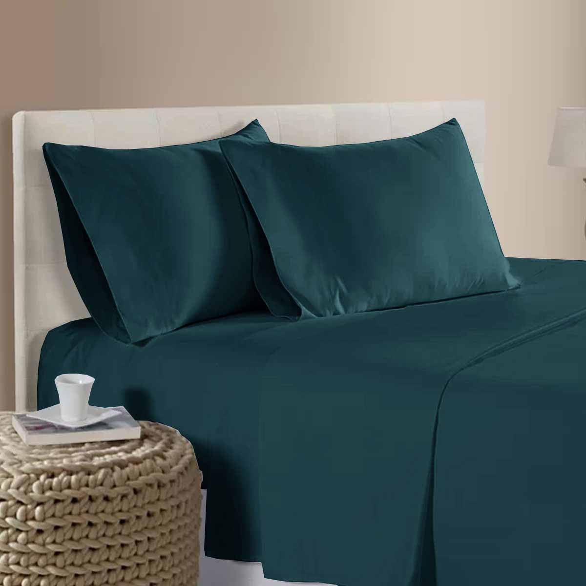 Bed Sheets: 400TC 100% Cotton Sateen Premium Sheet Set 40cm Wall Dark Teal Queen