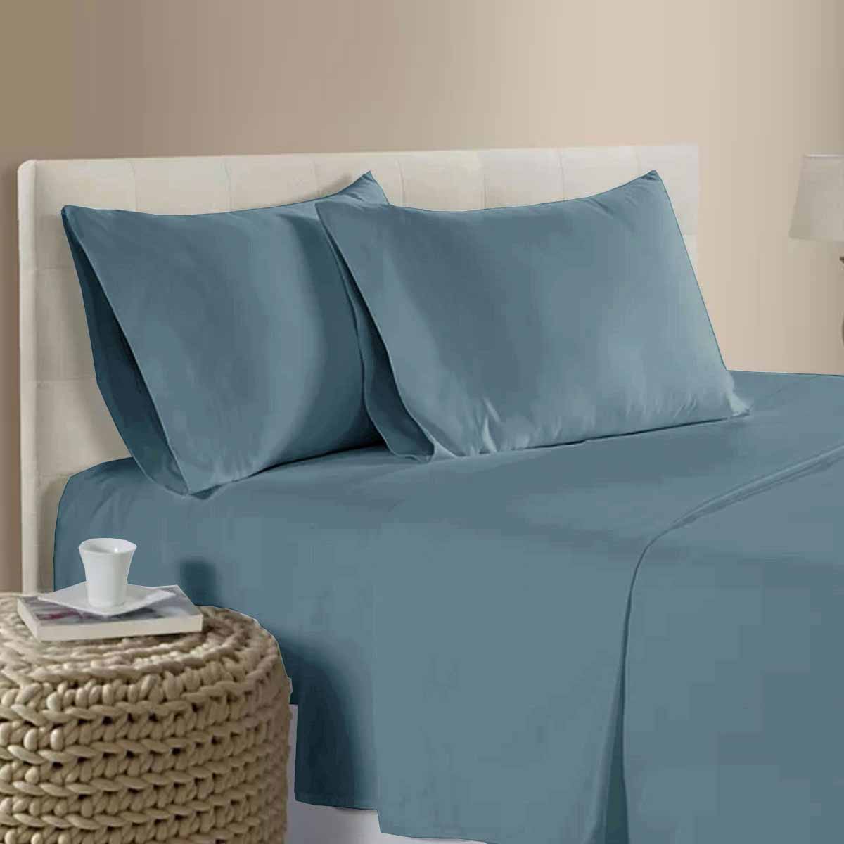 Bed Sheets: 400TC 100% Cotton Sateen Premium Sheet Set 40cm Wall Dusk Blue Queen