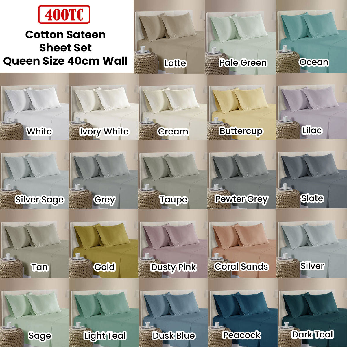 Bed Sheets: 400TC 100% Cotton Sateen Premium Sheet Set 40cm Wall Grey Queen