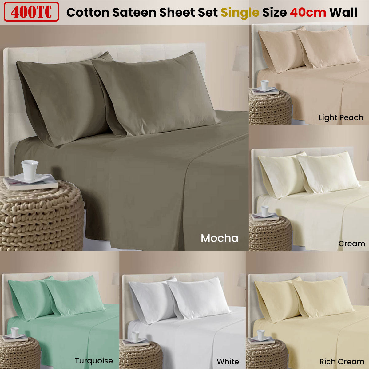 Bed Sheets: 400TC 100% Cotton Sateen Premium Sheet Set 40cm Wall Rich Cream Single