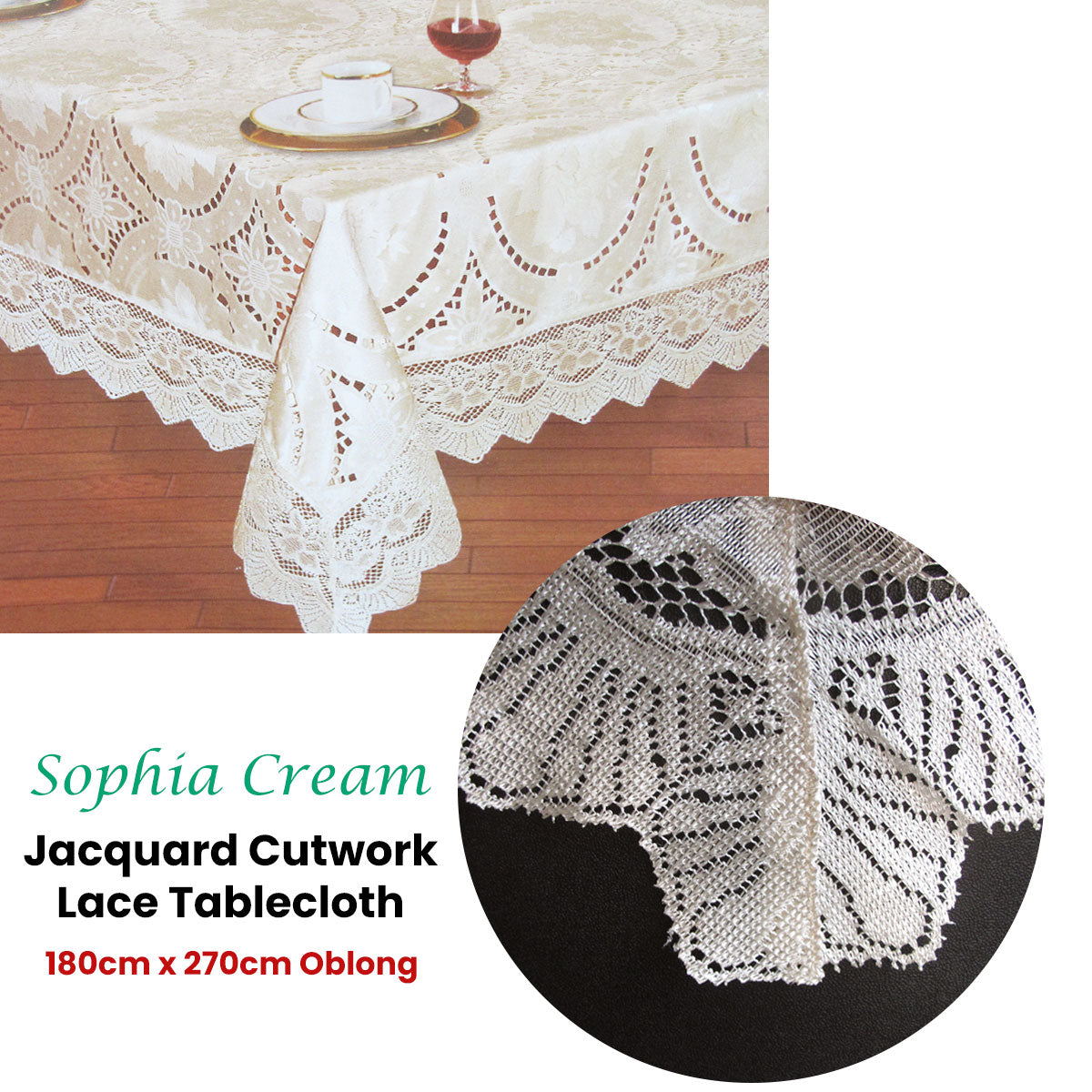 Table Linen & Kitchen Towels: Chapel Gate Sophia Cream Jacquard Cutwork Lace Tablecloth 180 x 270 cm