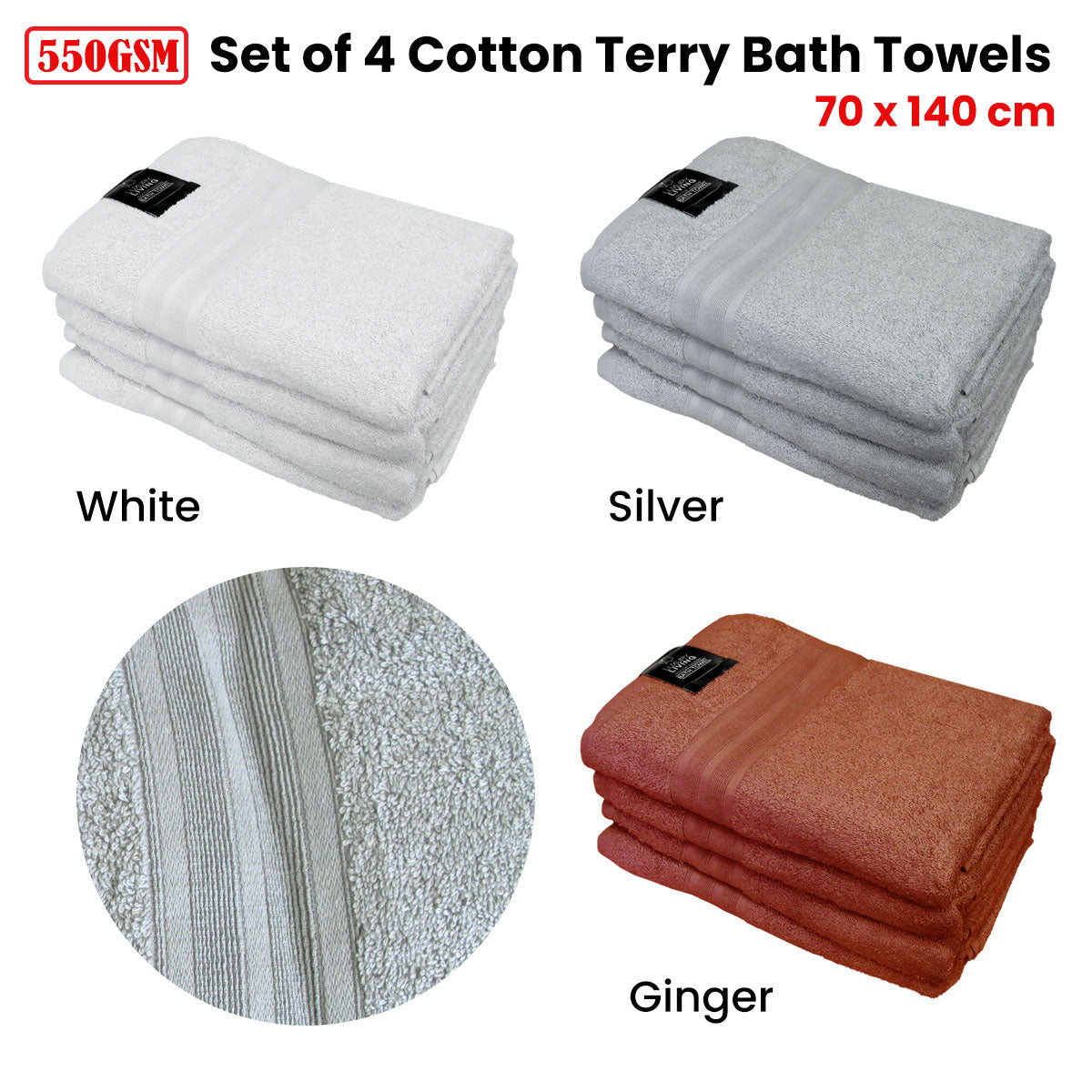 Bath Towels & Robes: 550GSM Set of 4 100% Cotton Terry Bath Towels 70 x 140 cm White