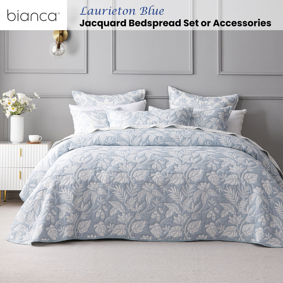 Quilts & Duvets: Bianca Laurieton Blue Jacquard Botanical Bedspread Set Super King