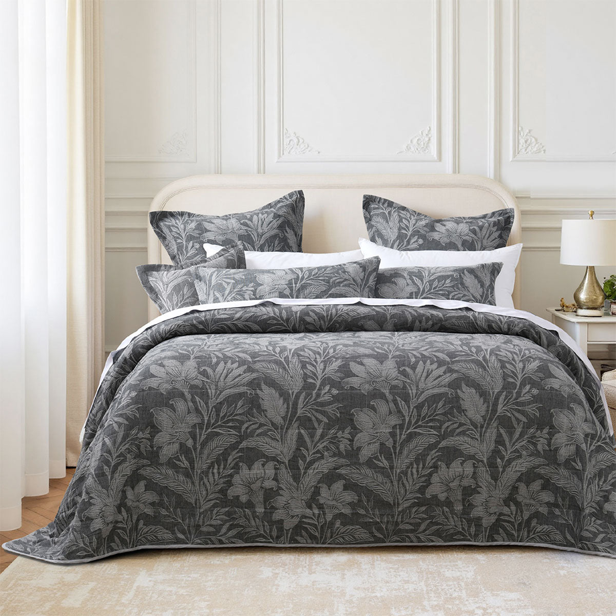 Duvet Covers: Bianca Maidstone Grey Floral Jacquard Bedspread Set King