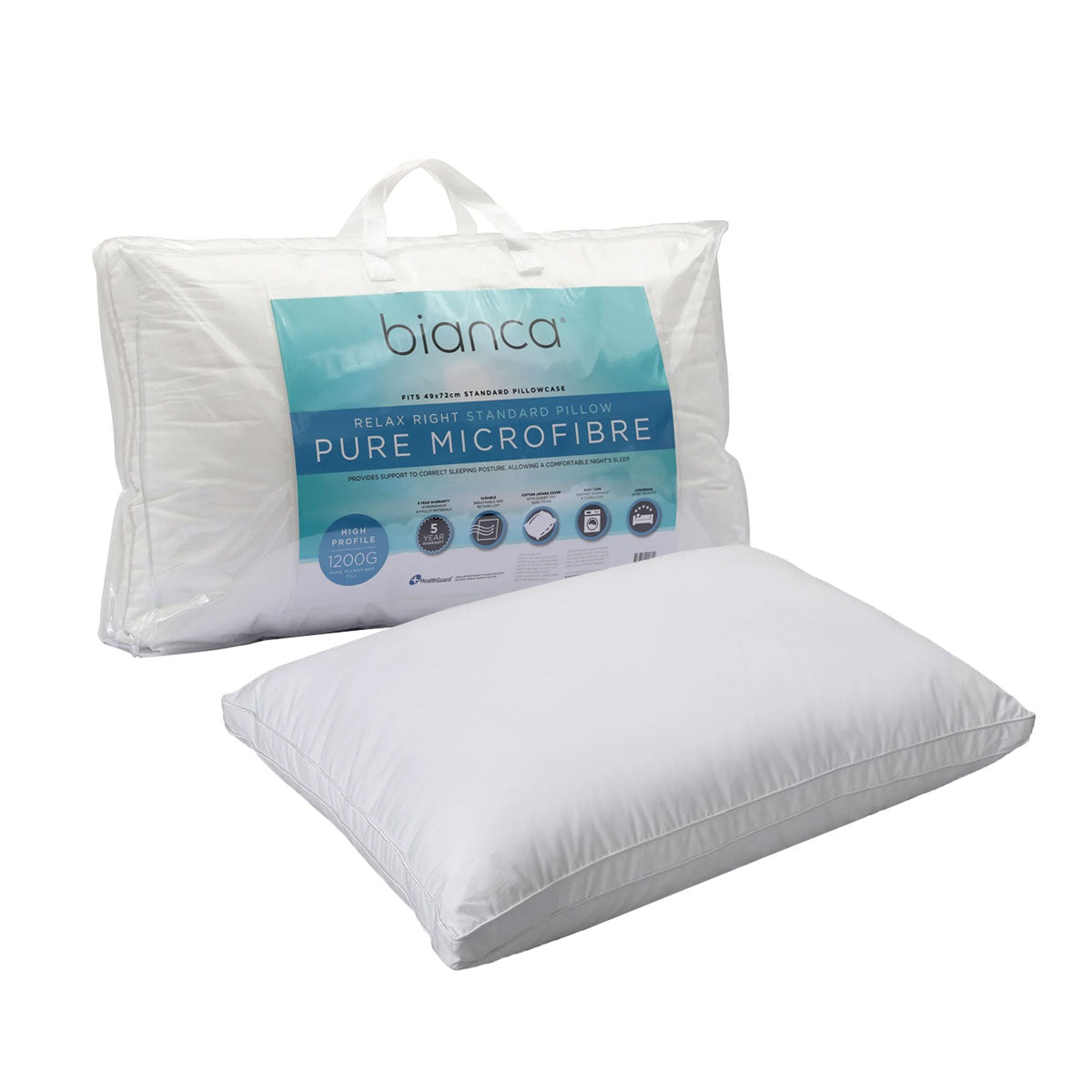 Pillows: Bianca 1200g Relax Right Pure Microfiber High Profile Standard Pillow 49 x 72cm