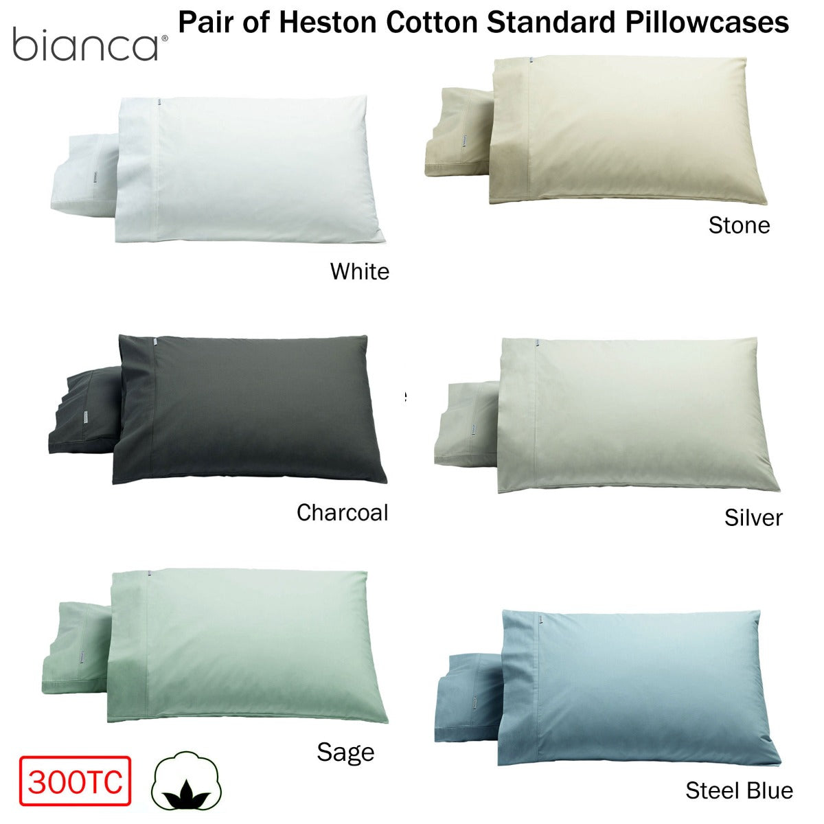 Pillowcases: Bianca Pair of Heston Cotton Percale Standard Pillowcases Sage