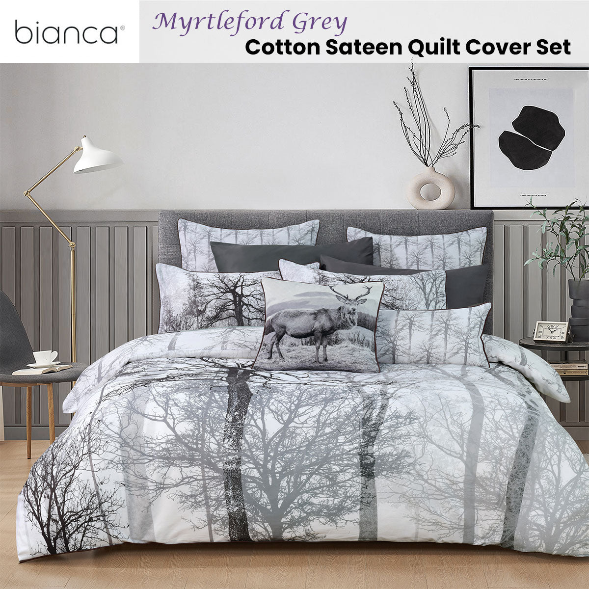 Bianca Myrtleford Grey Cotton Sateen Quilt Cover Set King