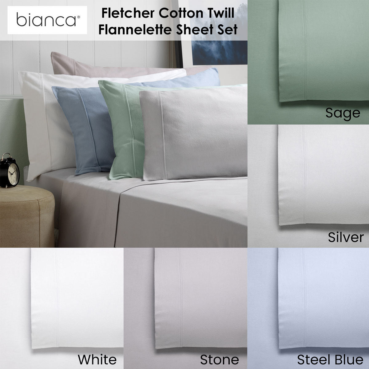 Bianca Fletcher Flannelette Cotton Sheet Set Silver Super King