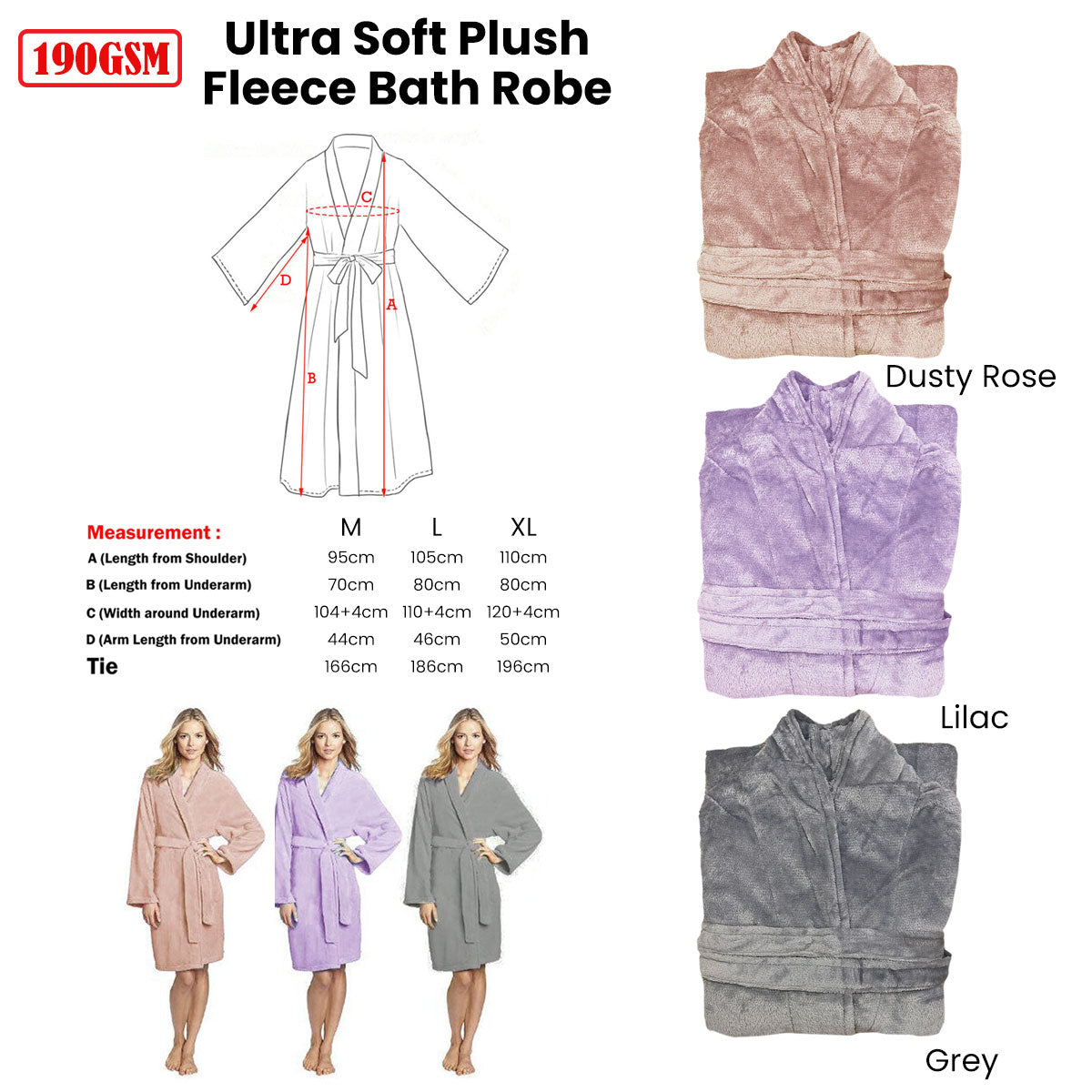 Bath Towels & Robes: 190GSM Ultra Soft Plush Fleece Bath Robe Lilac L