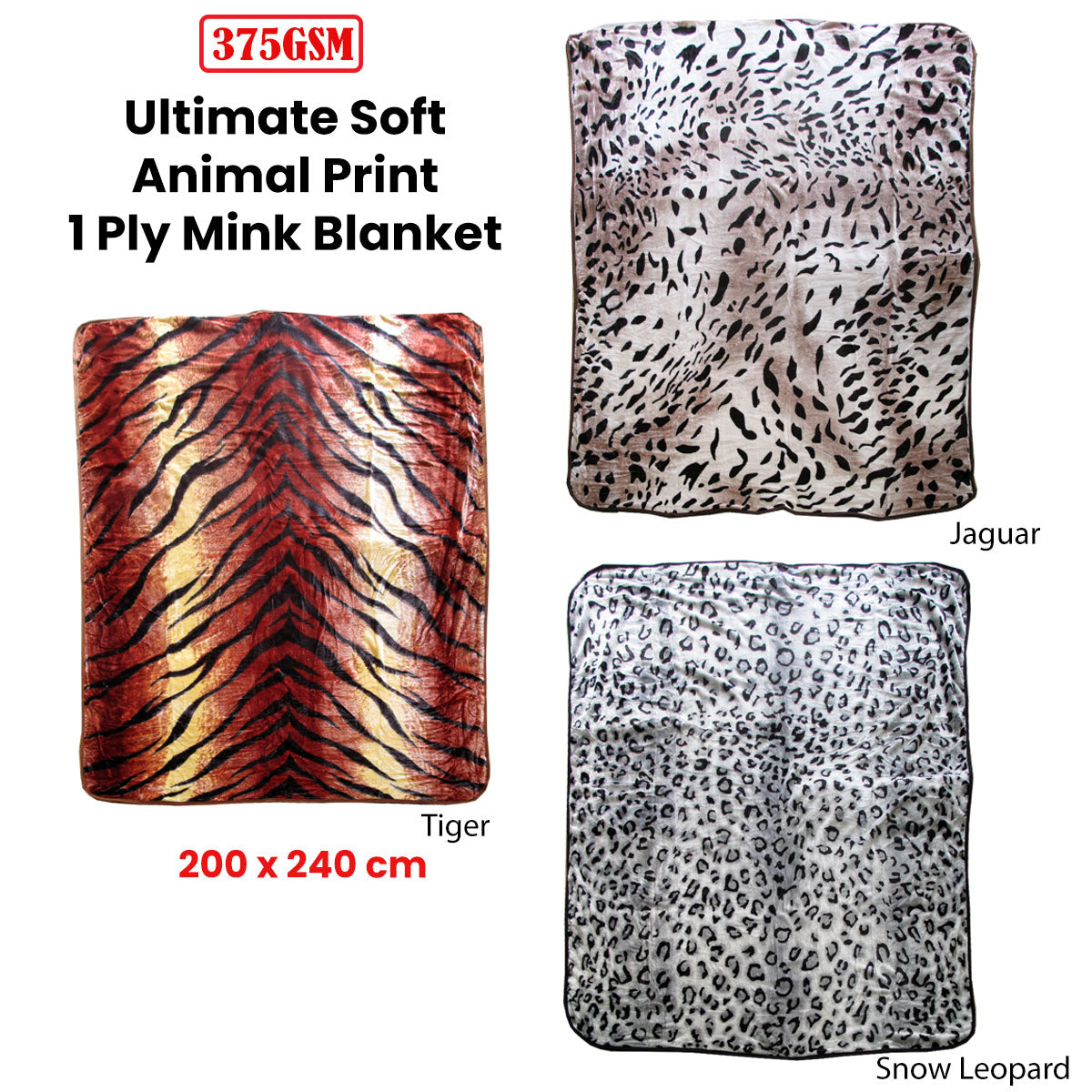 Blankets & Throws: 375gsm 1 Ply Animal Print Faux Mink Blanket Queen 200x240 cm Tiger