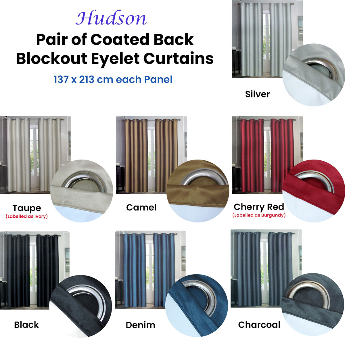 Curtains & Drapes: Emporio Hudson Pair of Coated Back Blockout Eyelet Curtains 137 x 213cm each Taupe (Labelled as Ivory)