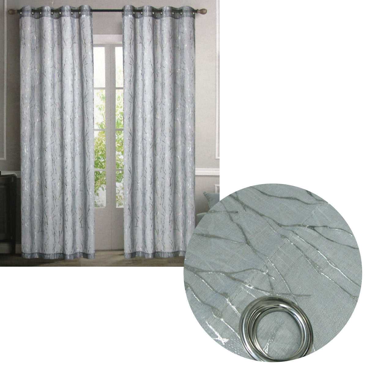 Curtains & Drapes: Pair of Sheer Eyelet Curtains Grey with Silver Foils 137 x 213 cm