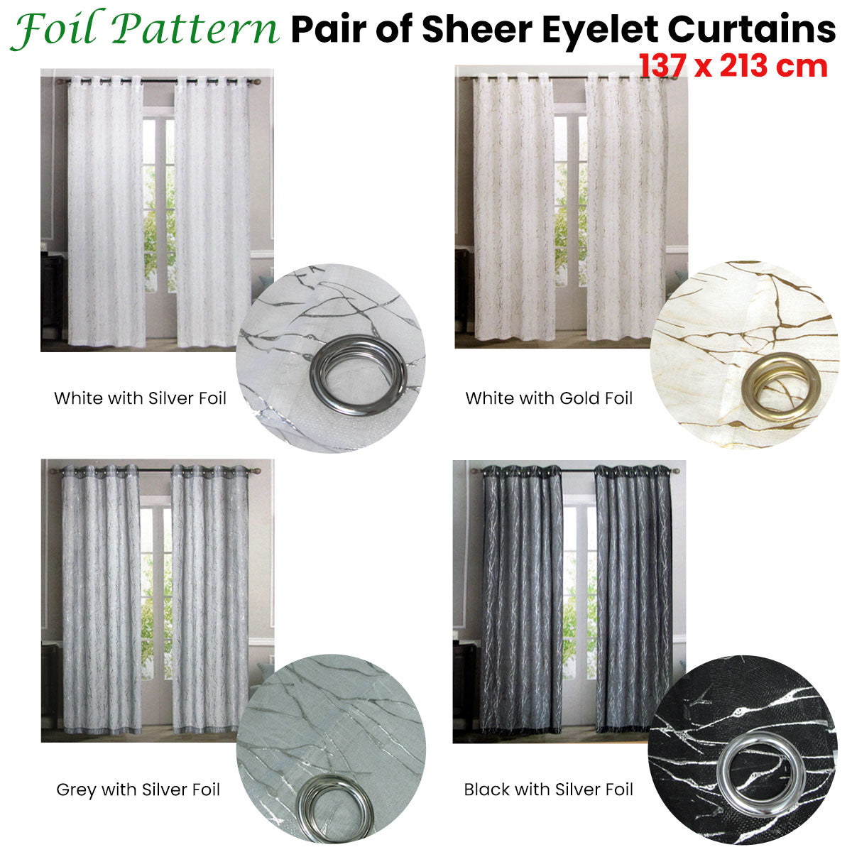 Curtains & Drapes: Pair of Sheer Eyelet Curtains Grey with Silver Foils 137 x 213 cm