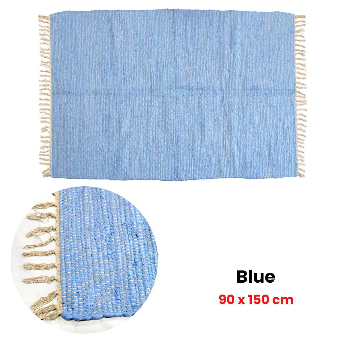 Floor Rugs: Large Chindi Cotton Handmade Floor Mat with Tassels 90 x 150 cm Blue