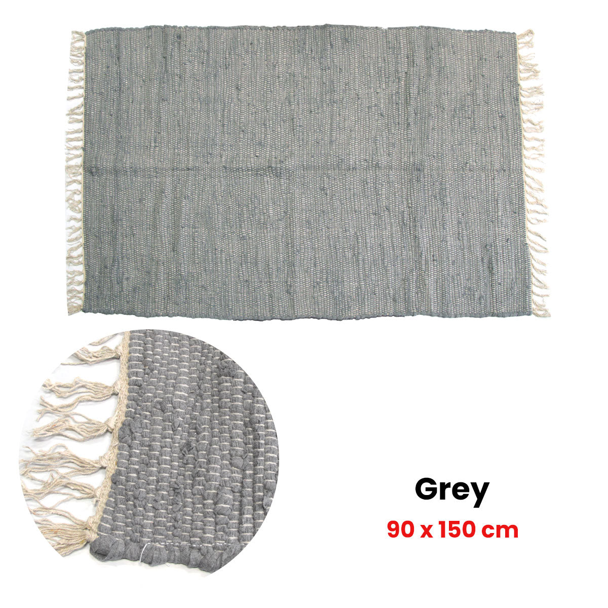 Floor Rugs: Large Chindi Cotton Handmade Floor Mat with Tassels 90 x 150 cm Grey