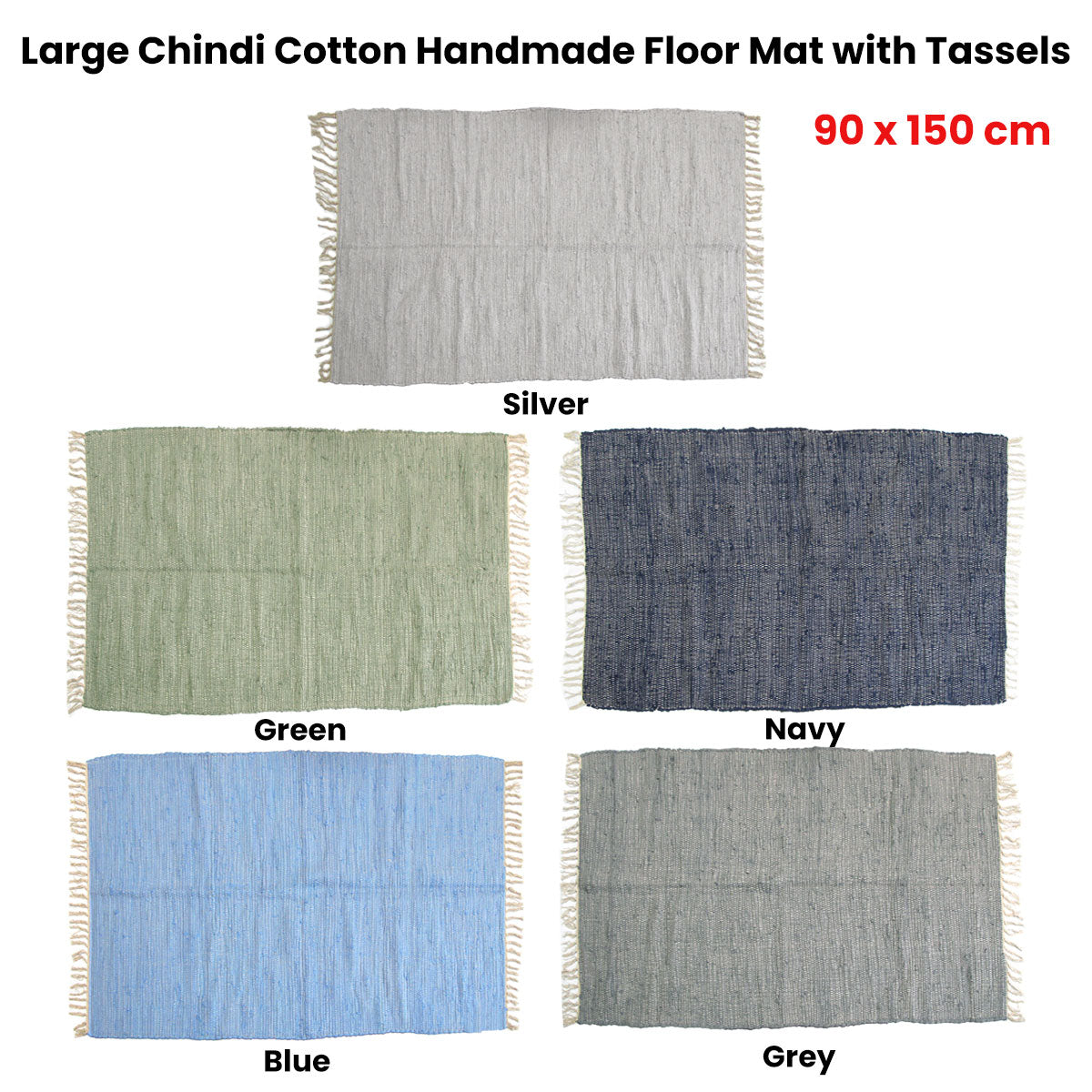 Floor Rugs: Large Chindi Cotton Handmade Floor Mat with Tassels 90 x 150 cm Grey