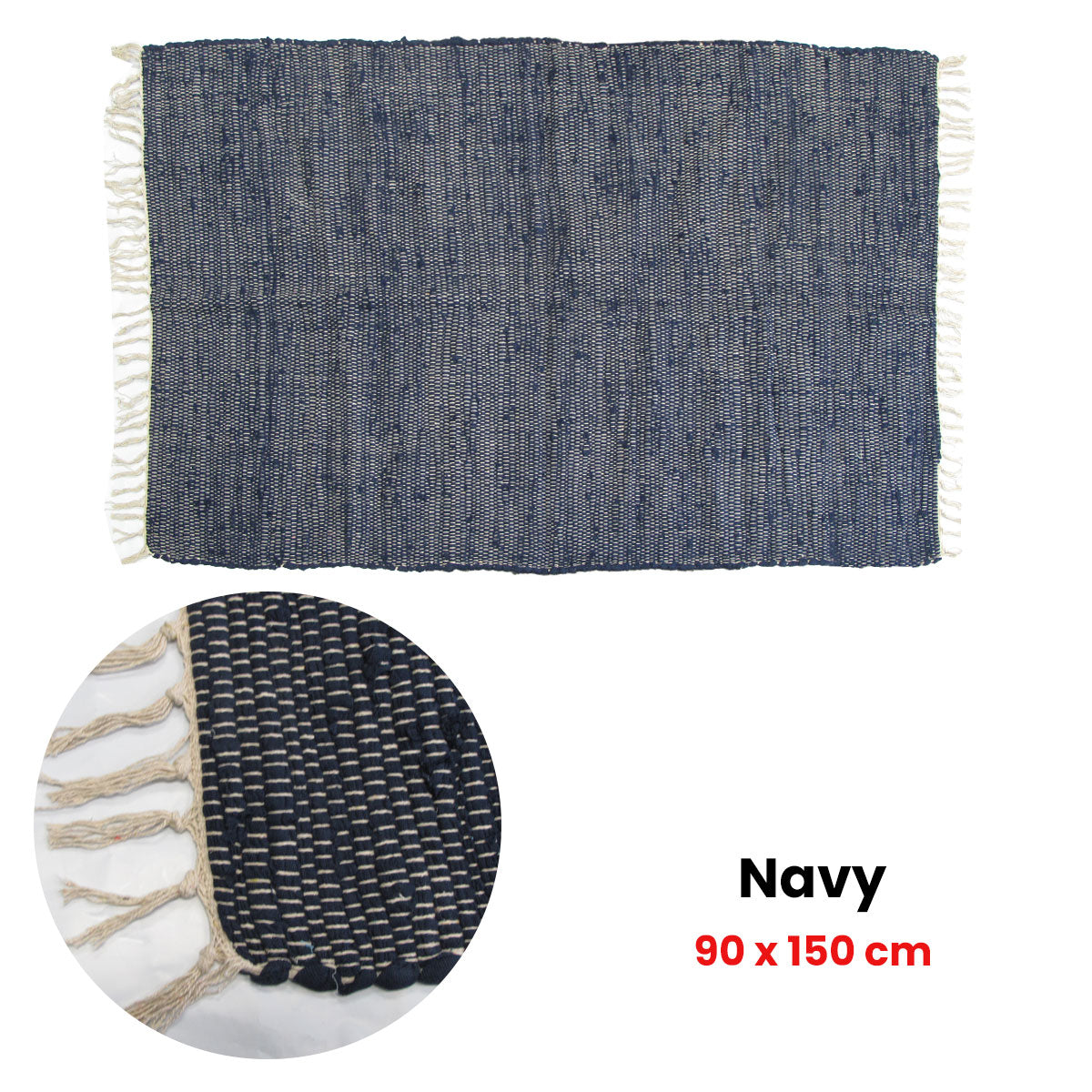 Floor Rugs: Large Chindi Cotton Handmade Floor Mat with Tassels 90 x 150 cm Navy