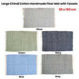 Floor Rugs: Large Chindi Cotton Handmade Floor Mat with Tassels 90 x 150 cm Silver