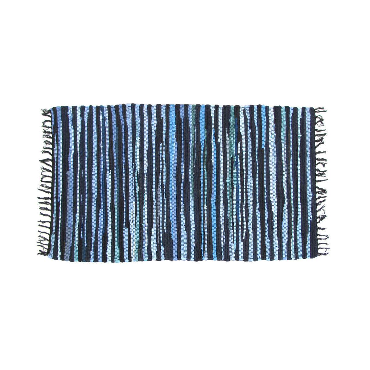 Floor Rugs: Tonal Chindi Cotton Handmade Floor Mat with Tassels 70 x 120 cm Blue