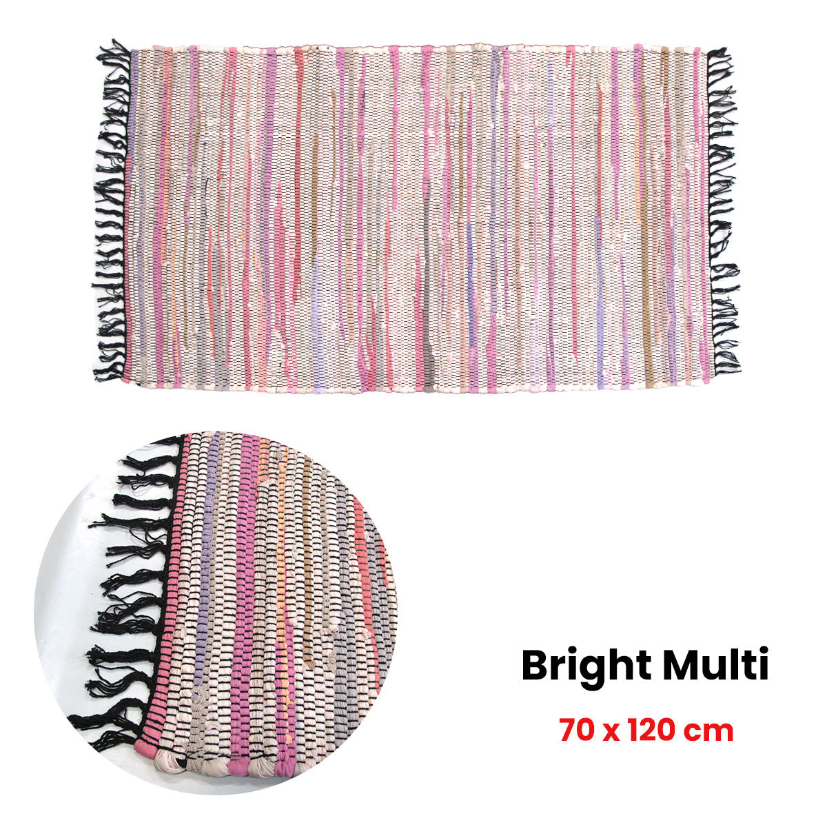Floor Rugs: Tonal Chindi Cotton Handmade Floor Mat with Tassels 70 x 120 cm Bright Multi