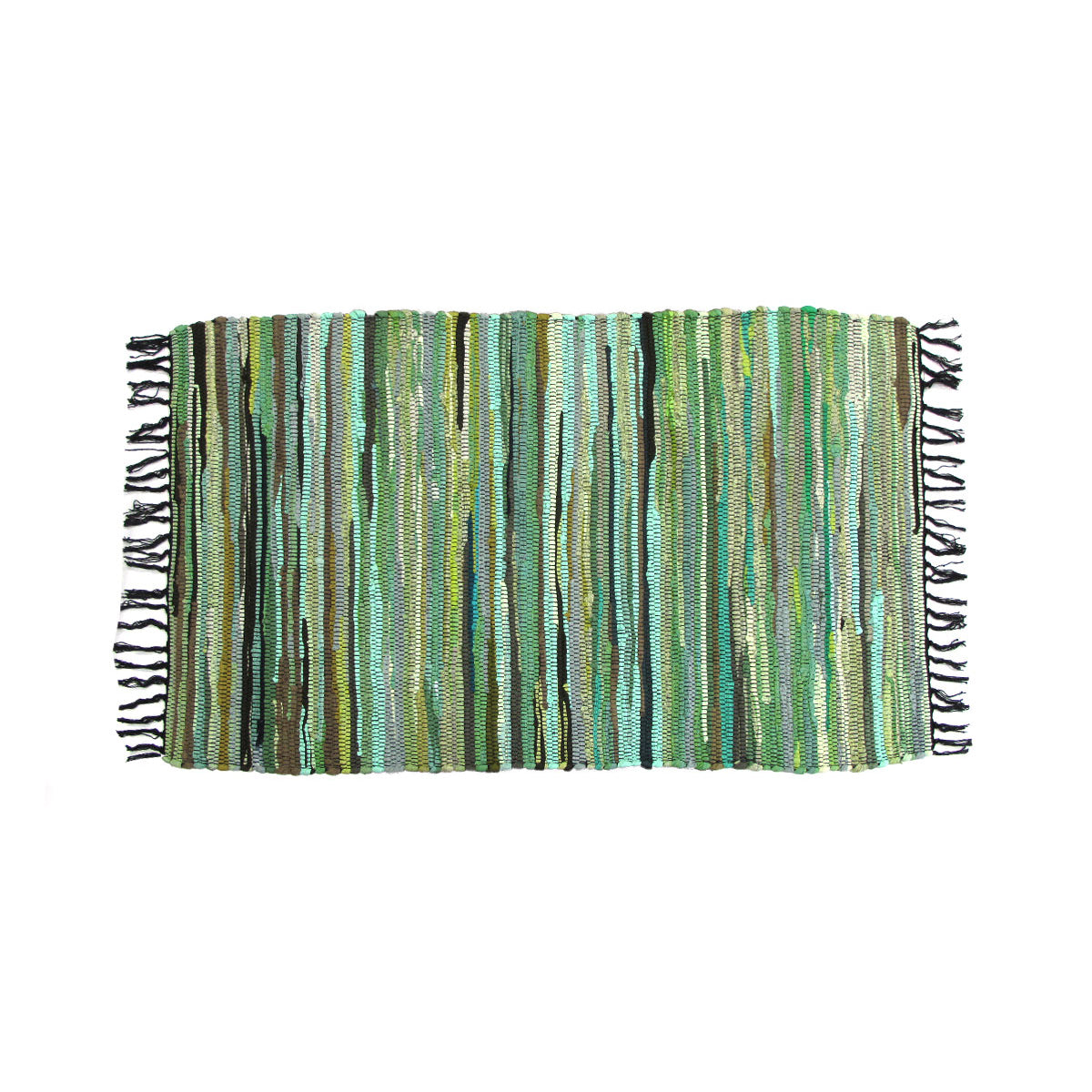 Floor Rugs: Tonal Chindi Cotton Handmade Floor Mat with Tassels 70 x 120 cm Green