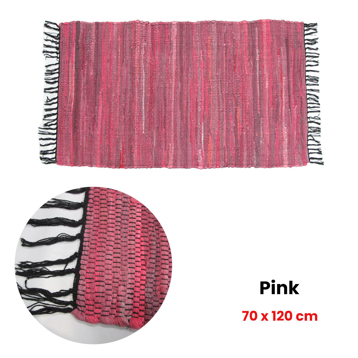 Floor Rugs: Tonal Chindi Cotton Handmade Floor Mat with Tassels 70 x 120 cm Pink
