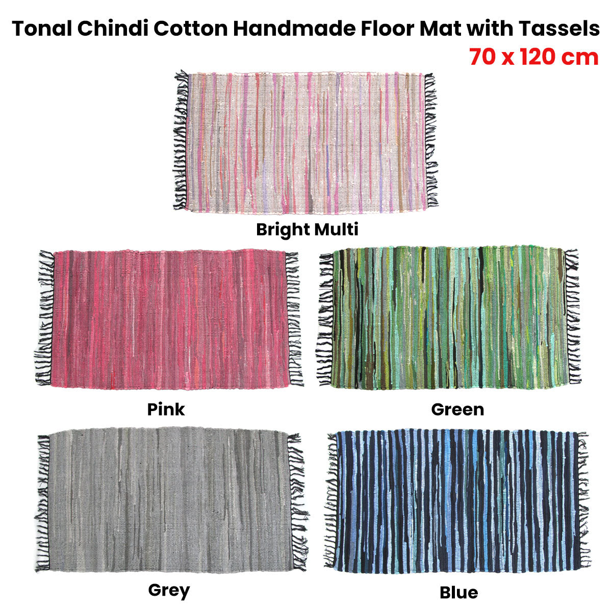 Floor Rugs: Tonal Chindi Cotton Handmade Floor Mat with Tassels 70 x 120 cm Pink