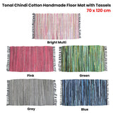 Floor Rugs: Tonal Chindi Cotton Handmade Floor Mat with Tassels 70 x 120 cm Pink