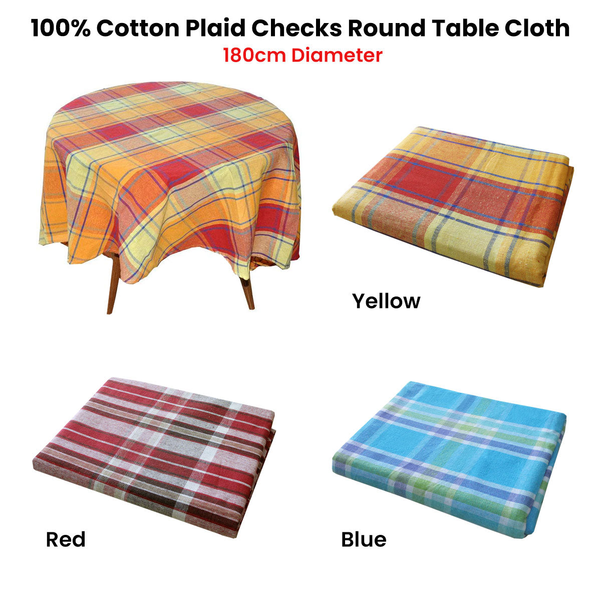 Table Linen & Kitchen Towels: Cotton Plaid Checks Round Table Cloth 180cm Diameter Yellow