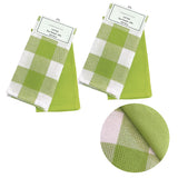 Table Linen & Kitchen Towels: Set of 4 Cotton Waffle Checkered & Plain Dyed Tea Towels 50cm x 70cm Green