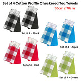 Table Linen & Kitchen Towels: Set of 4 Cotton Waffle Checkered & Plain Dyed Tea Towels 50cm x 70cm Green