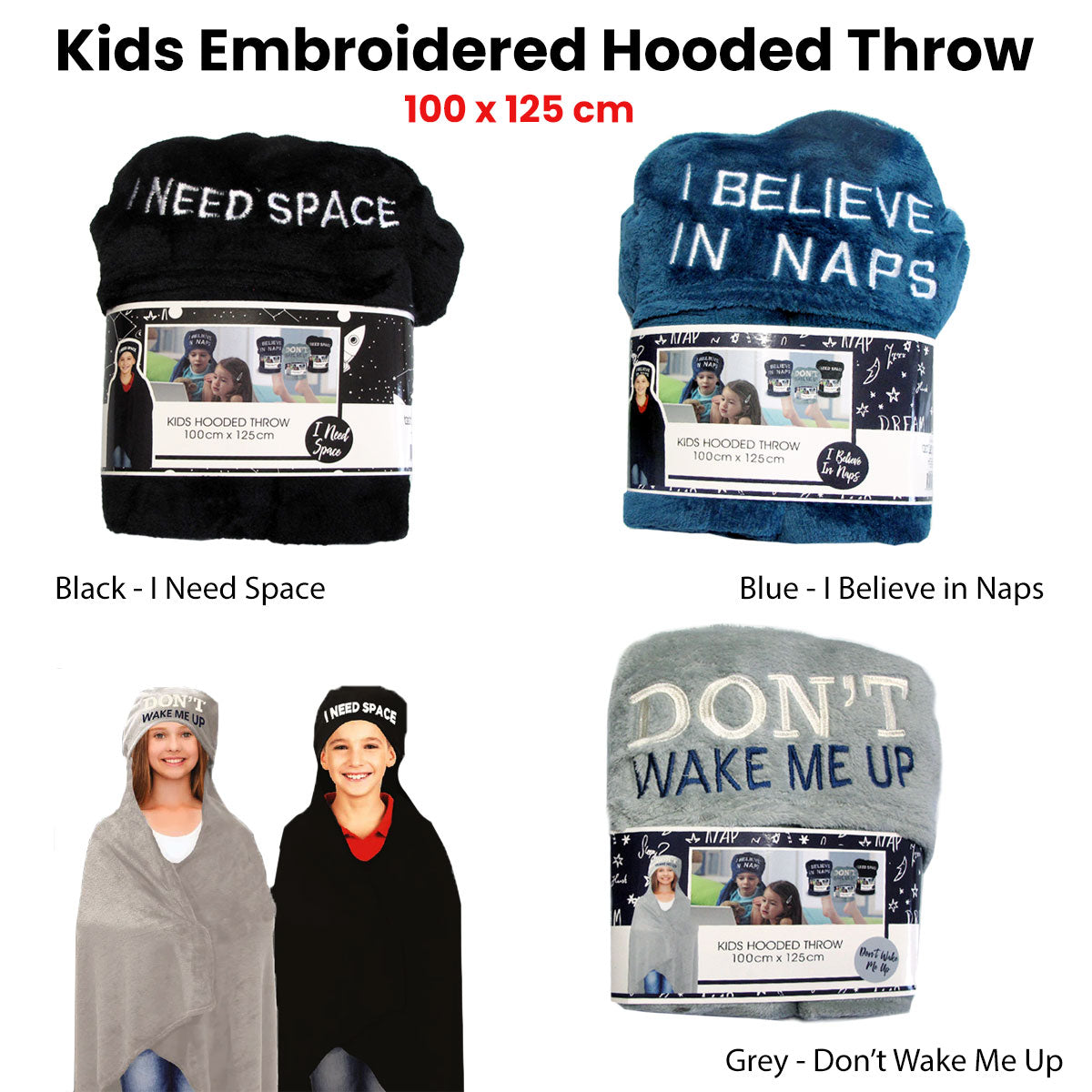 Blankets & Throws: Kids Embroidered Hooded Throw Rug 100 x 125cm Black I Need Space
