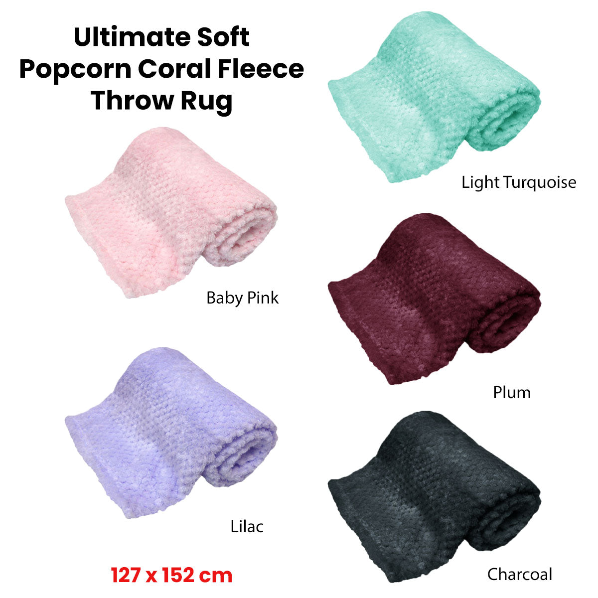 Blankets & Throws: 180GSM Soft Popcorn Coral Fleece Throw Rug 127 x 152cm Baby Pink