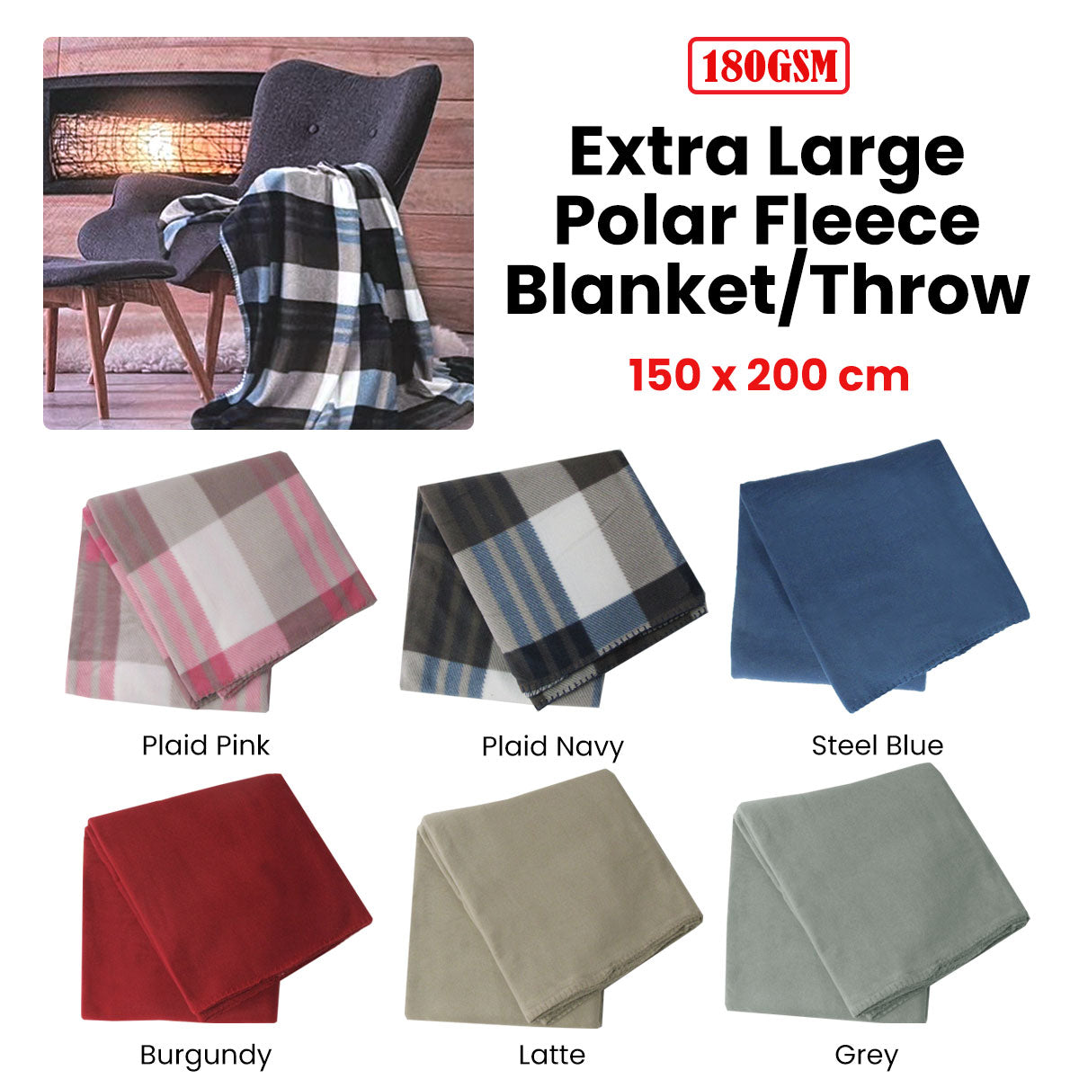 Blankets & Throws: 180GSM Extra Large Polar Fleece Throw Blanket 150 x 200cm Steel Blue