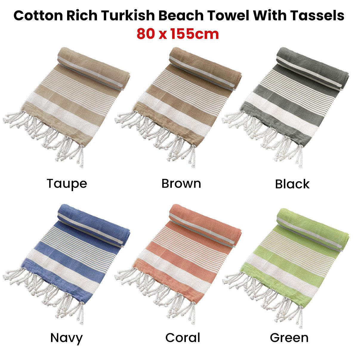 Beach Towels: Cotton Rich Large Turkish Beach Towel with Tassels 80cm x 155cm Taupe