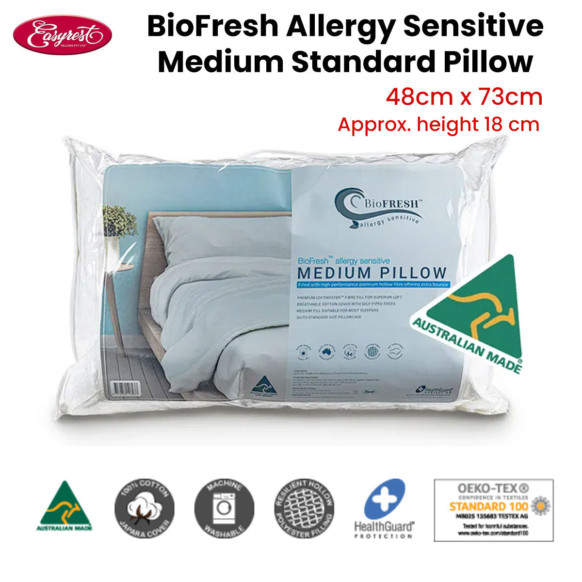 Pillows: Easyrest BioFresh Allergy Sensitive Medium Standard Pillow 48 x 73 cm