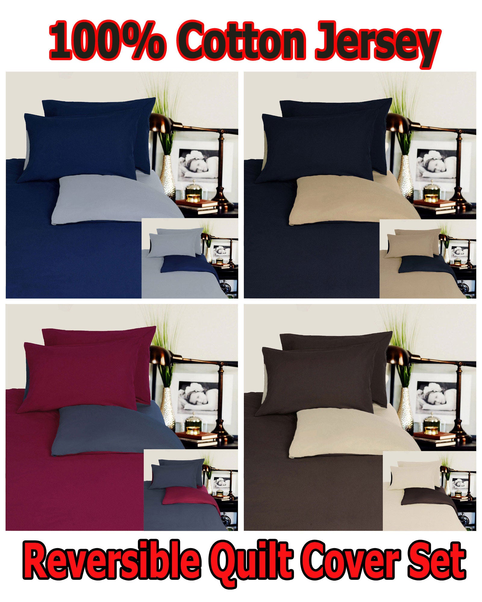 Duvet Covers: Hotel Living Reversible 100% Cotton JERSEY Quilt Cover Set Chocolate / Linen - DOUBLE