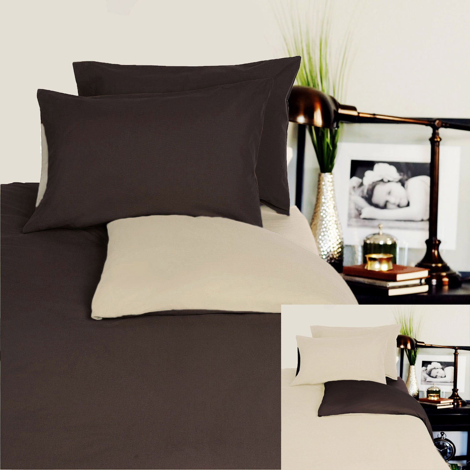 Duvet Covers: Hotel Living Reversible 100% Cotton JERSEY Quilt Cover Set Chocolate / Linen - QUEEN