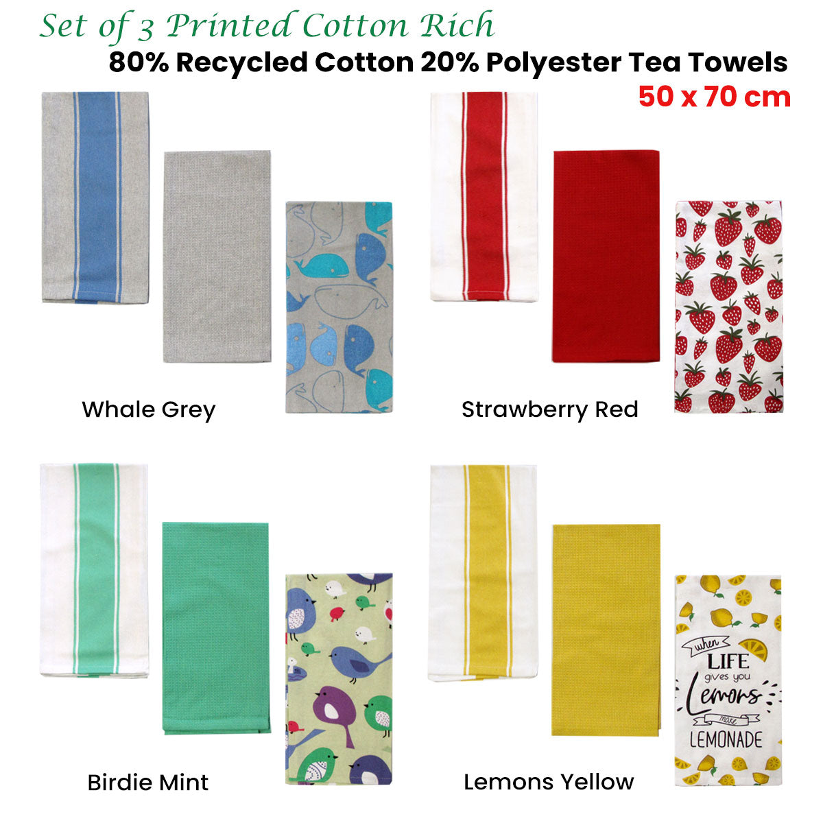 Table Linen & Kitchen Towels: Home Oasis Set of 3 Printed Cotton Rich Tea Towels 50 x 70 cm Strawberry Red