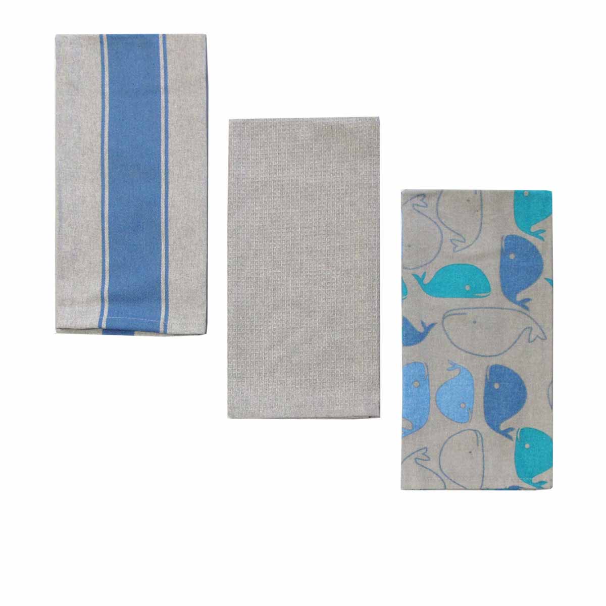 Table Linen & Kitchen Towels: Home Oasis Set of 3 Printed Cotton Rich Tea Towels 50 x 70 cm Whale Grey