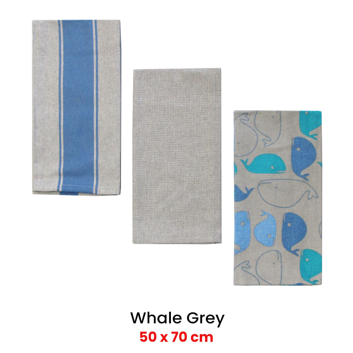 Table Linen & Kitchen Towels: Home Oasis Set of 3 Printed Cotton Rich Tea Towels 50 x 70 cm Whale Grey
