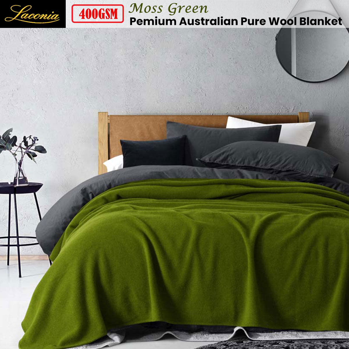 Blankets & Throws: Laconia 400GSM Premium Australian Pure Wool Blanket Moss Green Queen
