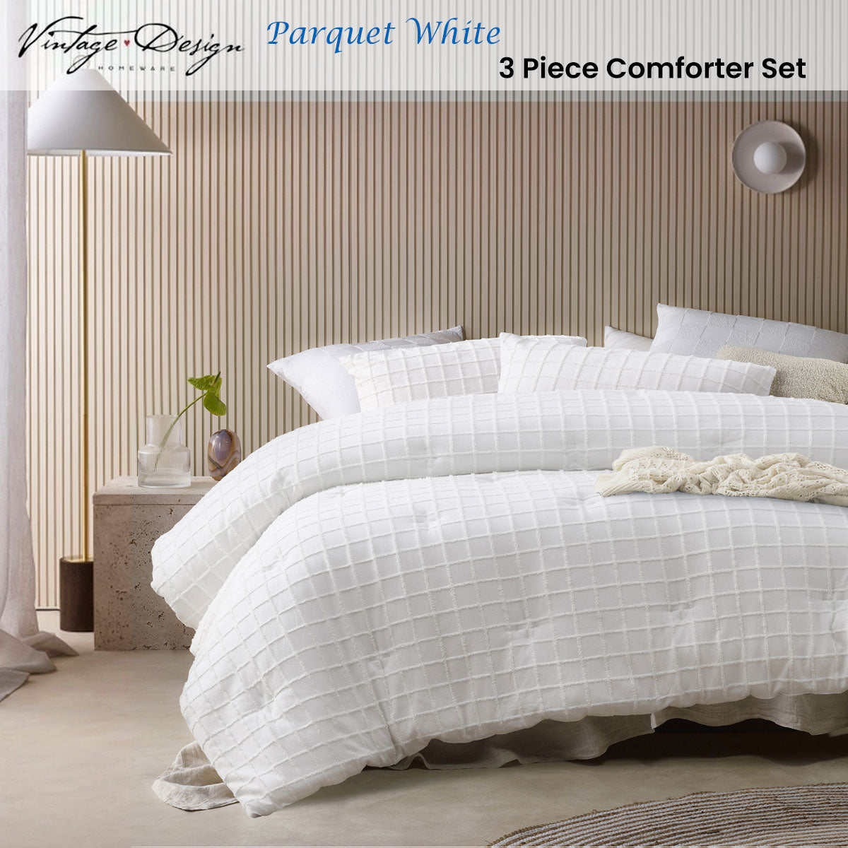 Quilts & Duvets: Vintage Design Homewares 3 Pcs Parquet White Comforter Set King