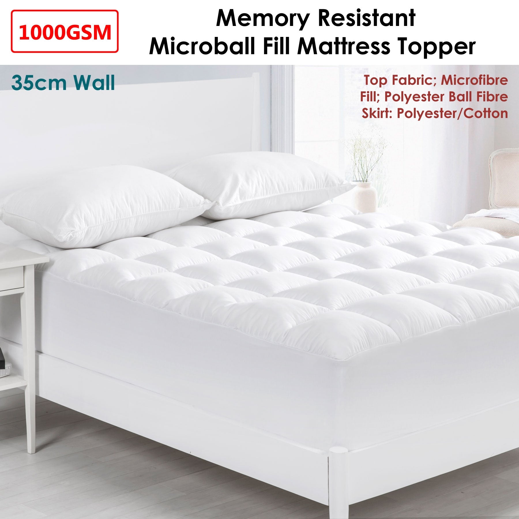 Mattress Protectors: Cloudland 1000GSM Memory Resistant Microball Fill Mattress Topper Super King