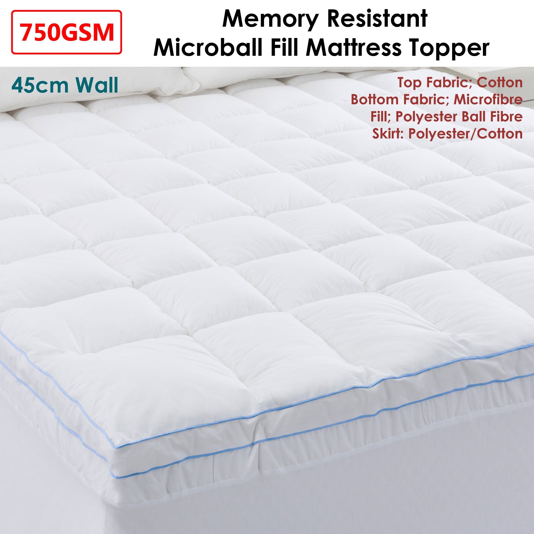 Mattress Protectors: Cloudland 750GSM Memory Resistant Microball Fill Mattress Topper Queen