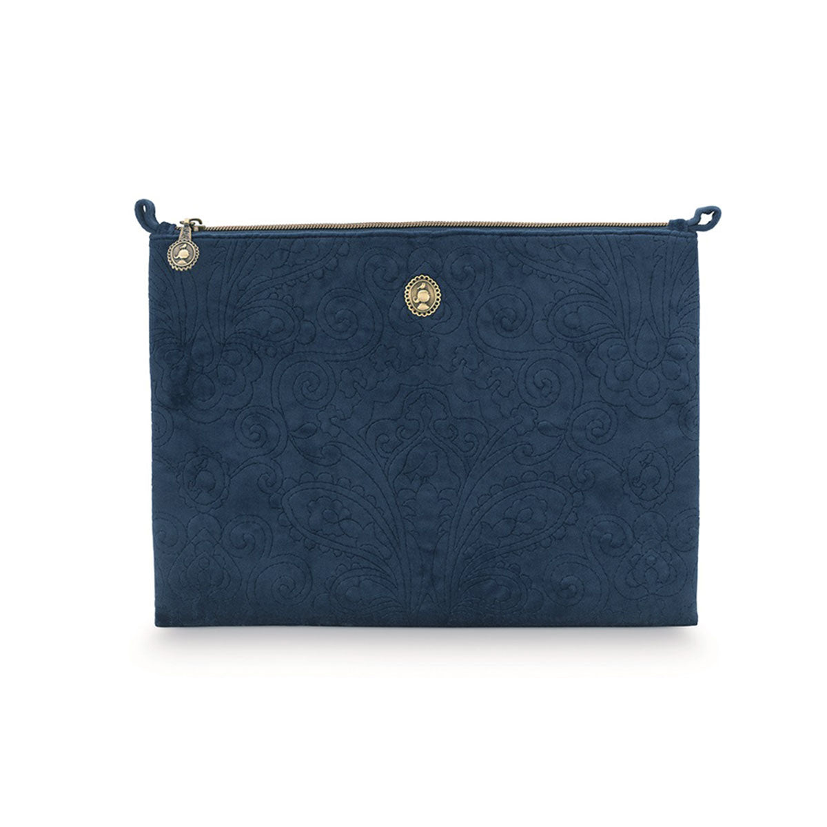 Cosmetic & Toiletry Bags: PIP Studio Velvet Quilted Dark Blue Large Cosmetic Flat Pouch