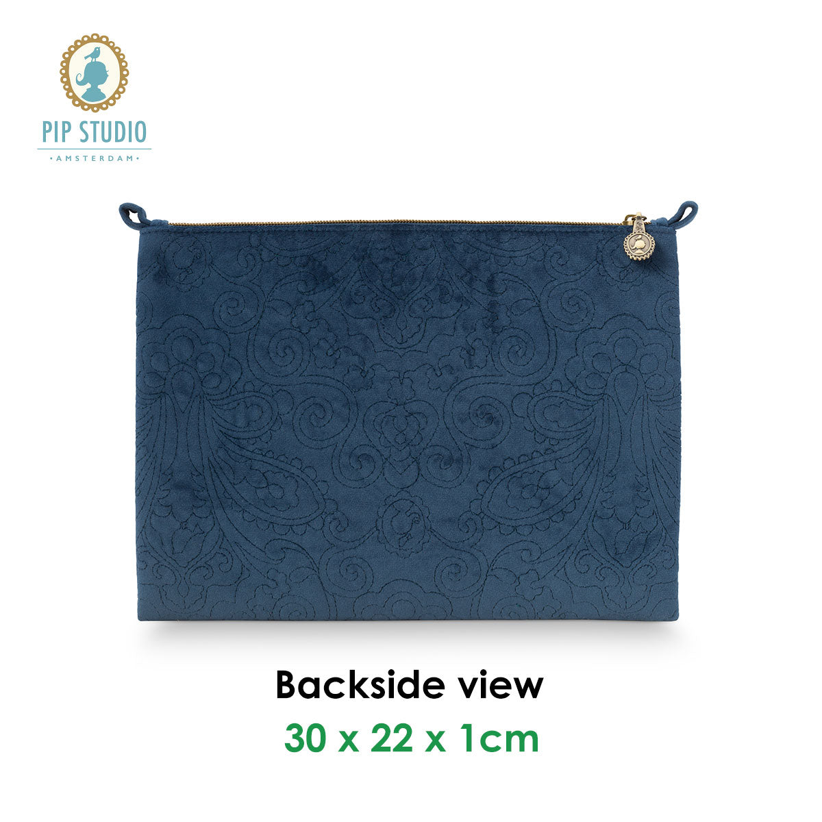 Cosmetic & Toiletry Bags: PIP Studio Velvet Quilted Dark Blue Large Cosmetic Flat Pouch