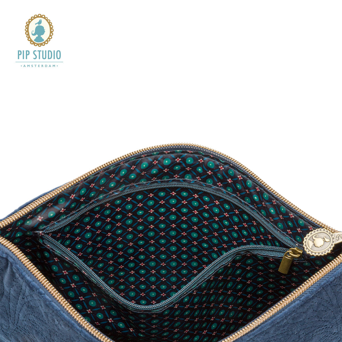 Cosmetic & Toiletry Bags: PIP Studio Velvet Quilted Dark Blue Large Cosmetic Flat Pouch