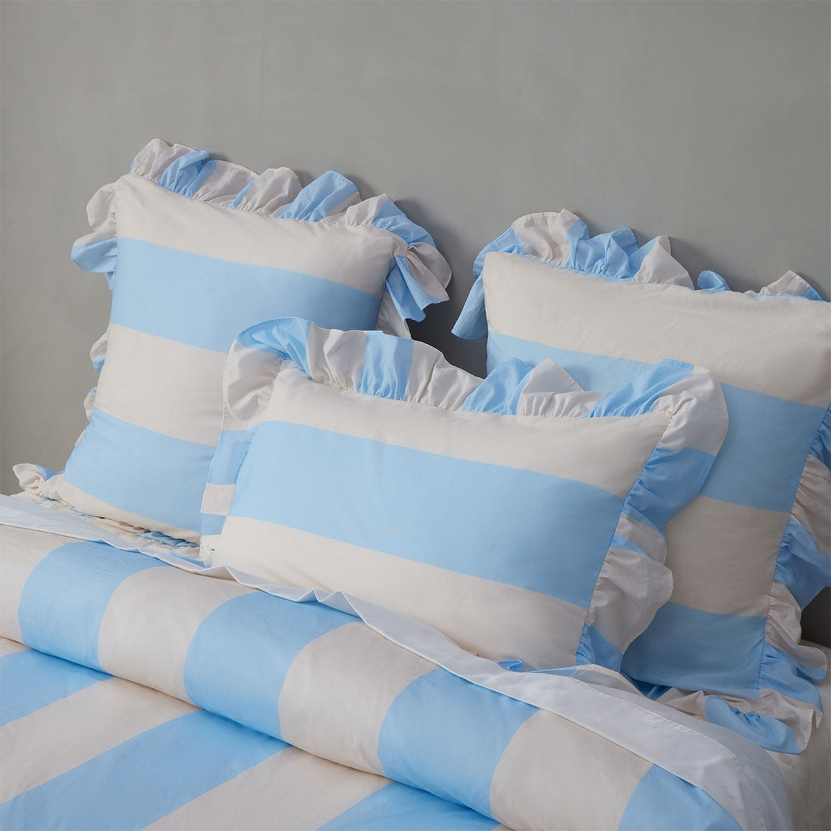 Vintage Design Homewares Candy Ruffle Blue Striped Washed Cotton Quilt Cover Set Queen