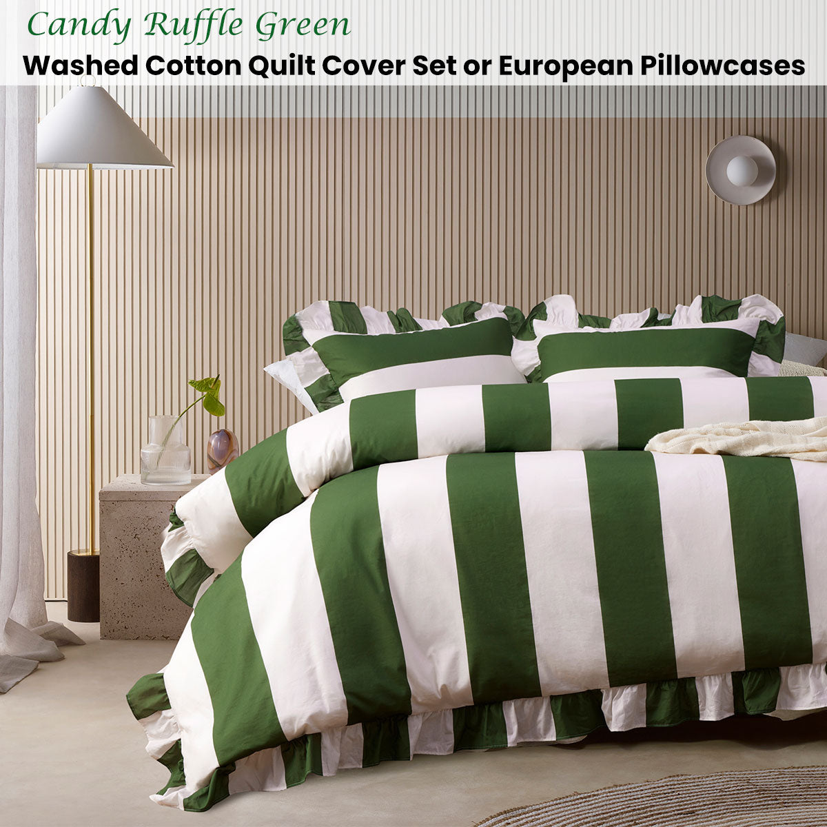 Duvet Covers: Vintage Design Homewares Candy Ruffle Green Striped Washed Cotton Quilt Cover Set Queen